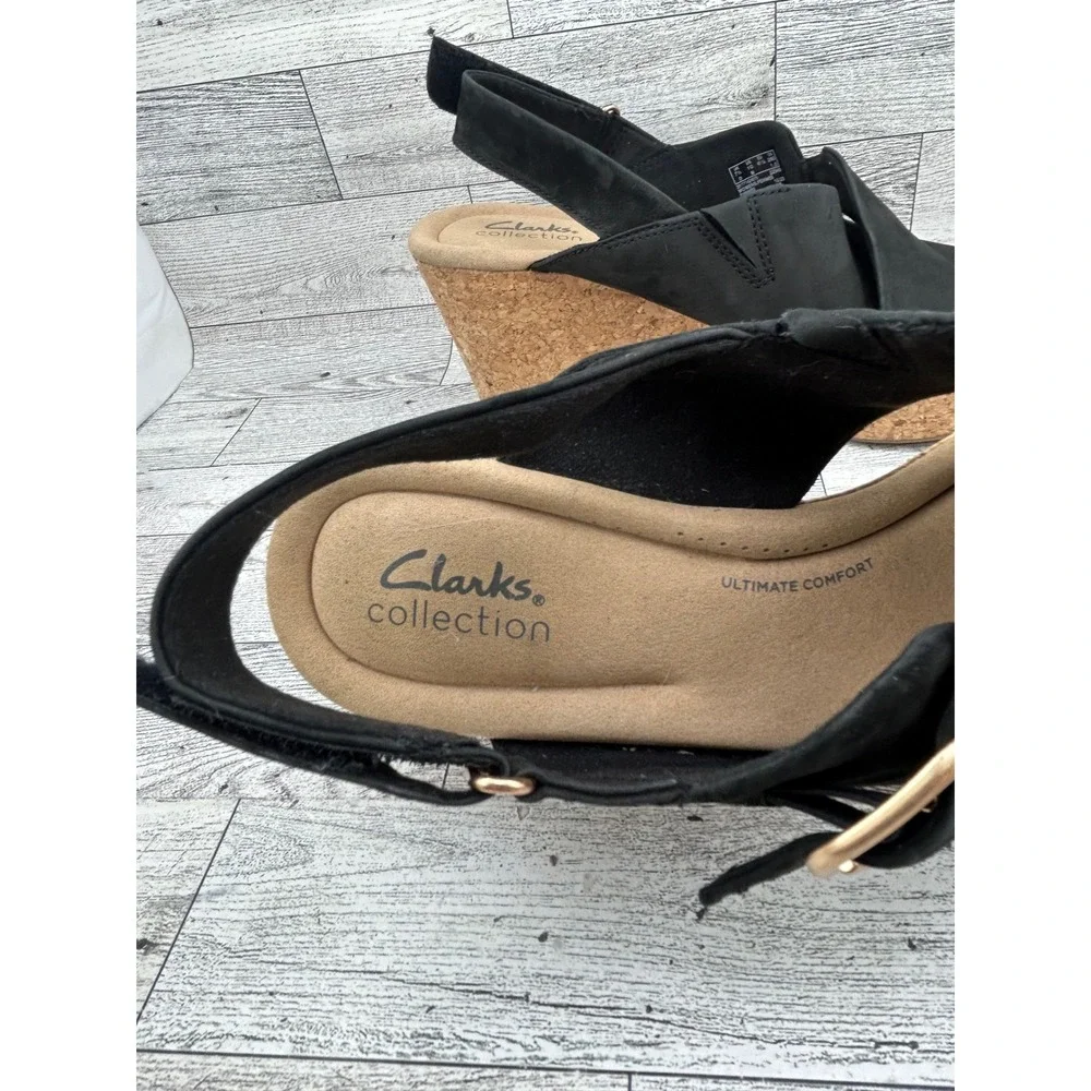 Clarks Collection Black Nubuck‎ Wedge Sandals Ultimate Comfort Women Size 10M